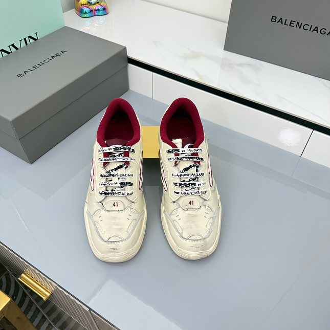BALENCIAGA 25S SNEAKERS IN CREAM WHITE MIX RED LEATHER