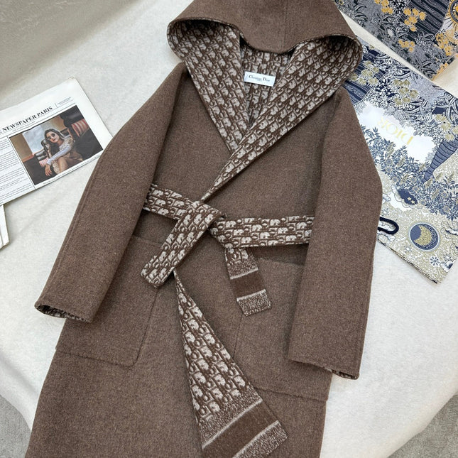 DIOR HOODED COAT IN DARK BROWN WOOL