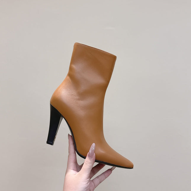 YSL 25S HEELED ANKLE BOOTS 75 MM IN BURNT ORANGE LAMBSKIN