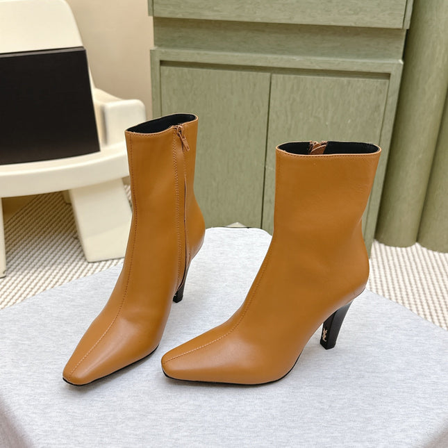 YSL 25S HEELED ANKLE BOOTS 75 MM IN BURNT ORANGE LAMBSKIN