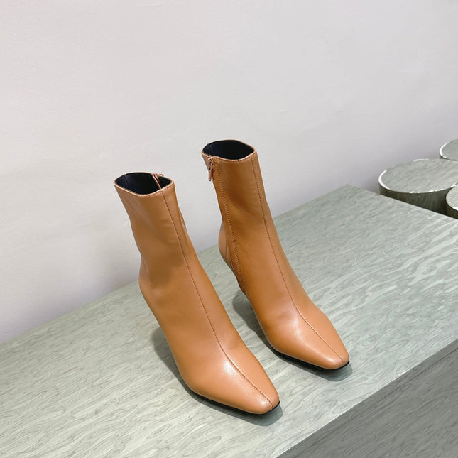 YSL 25S HEELED ANKLE BOOTS 75 MM IN BURNT ORANGE LAMBSKIN