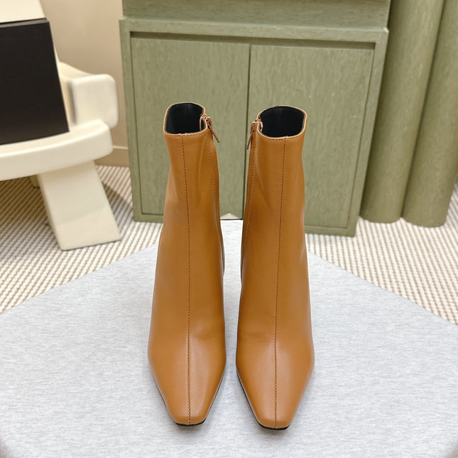 YSL 25S HEELED ANKLE BOOTS 75 MM IN BURNT ORANGE LAMBSKIN
