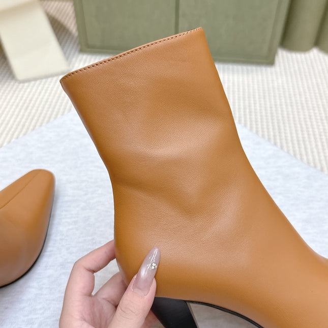 YSL 25S HEELED ANKLE BOOTS 75 MM IN BURNT ORANGE LAMBSKIN