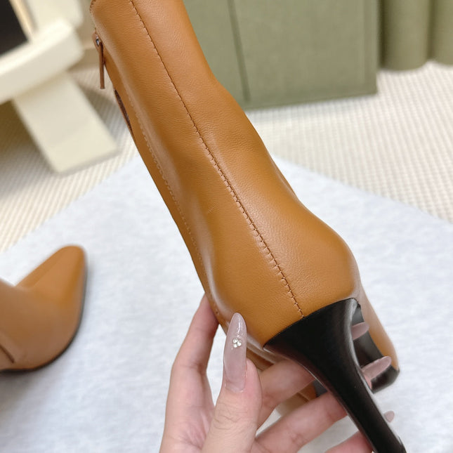 YSL 25S HEELED ANKLE BOOTS 75 MM IN BURNT ORANGE LAMBSKIN