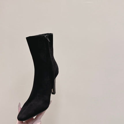 YSL 25S HEELED ANKLE BOOTS 75 MM IN BLACK SUEDE