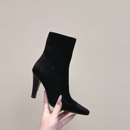 YSL 25S HEELED ANKLE BOOTS 75 MM IN BLACK SUEDE