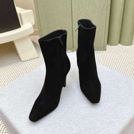 YSL 25S HEELED ANKLE BOOTS 75 MM IN BLACK SUEDE