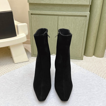 YSL 25S HEELED ANKLE BOOTS 75 MM IN BLACK SUEDE