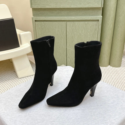 YSL 25S HEELED ANKLE BOOTS 75 MM IN BLACK SUEDE