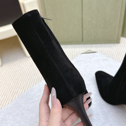 YSL 25S HEELED ANKLE BOOTS 75 MM IN BLACK SUEDE