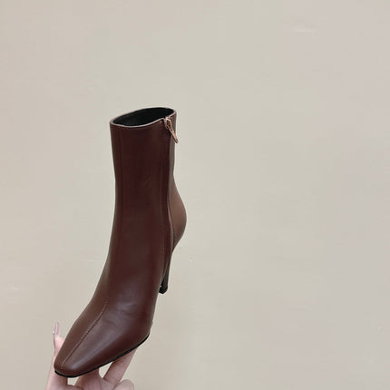 YSL 25S HEELED ANKLE BOOTS 75 MM IN BROWN LAMBSKIN