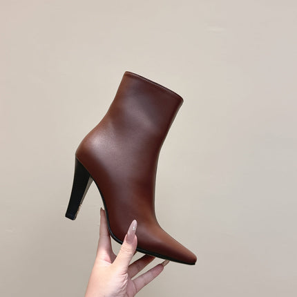 YSL 25S HEELED ANKLE BOOTS 75 MM IN BROWN LAMBSKIN