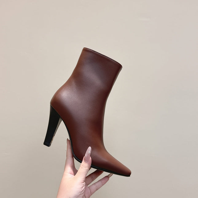 YSL 25S HEELED ANKLE BOOTS 75 MM IN BROWN LAMBSKIN