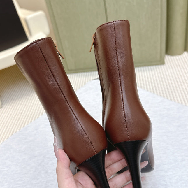 YSL 25S HEELED ANKLE BOOTS 75 MM IN BROWN LAMBSKIN