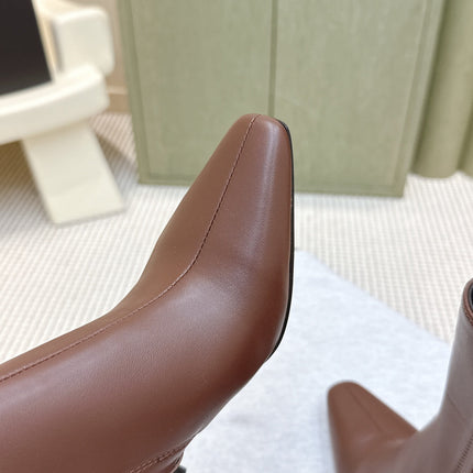 YSL 25S HEELED ANKLE BOOTS 75 MM IN BROWN LAMBSKIN