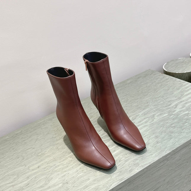 YSL 25S HEELED ANKLE BOOTS 75 MM IN BROWN LAMBSKIN