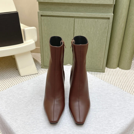 YSL 25S HEELED ANKLE BOOTS 75 MM IN BROWN LAMBSKIN