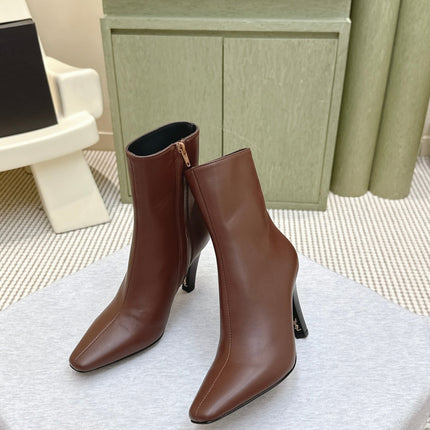 YSL 25S HEELED ANKLE BOOTS 75 MM IN BROWN LAMBSKIN