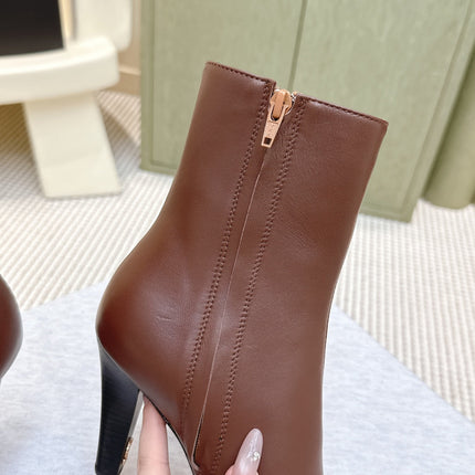 YSL 25S HEELED ANKLE BOOTS 75 MM IN BROWN LAMBSKIN