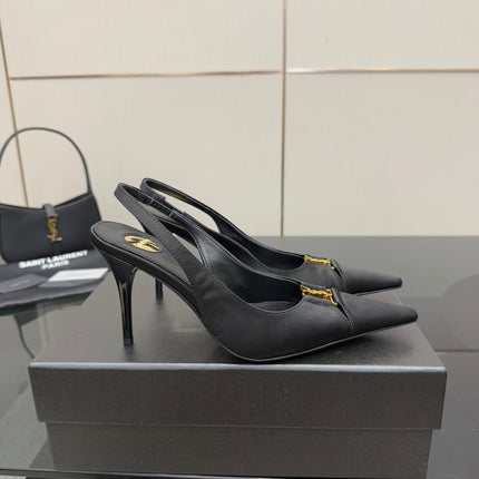 YSL 25S SLINGBACK HIGH HEELS 90 MM IN BLACK SATIN WITH GOLD HARDWARE STYLE 18