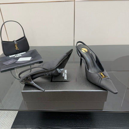 YSL 25S SLINGBACK HIGH HEELS 90 MM IN BLACK SATIN WITH GOLD HARDWARE STYLE 18