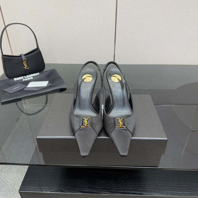 YSL 25S SLINGBACK HIGH HEELS 90 MM IN BLACK SATIN WITH GOLD HARDWARE STYLE 18