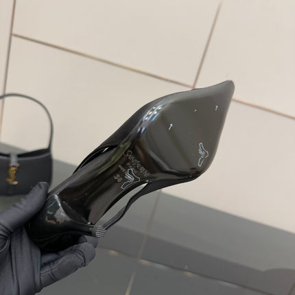 YSL 25S SLINGBACK HIGH HEELS 90 MM IN BLACK SATIN WITH GOLD HARDWARE STYLE 18