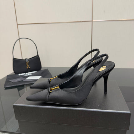 YSL 25S SLINGBACK HIGH HEELS 90 MM IN BLACK SATIN WITH GOLD HARDWARE STYLE 18