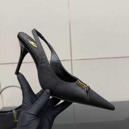 YSL 25S SLINGBACK HIGH HEELS 90 MM IN BLACK SATIN WITH GOLD HARDWARE STYLE 18