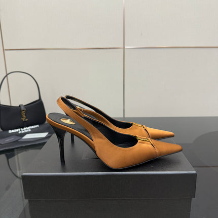YSL 25S SLINGBACK HIGH HEELS 90 MM IN DARK ORANGE SATIN WITH GOLD HARDWARE STYLE 16