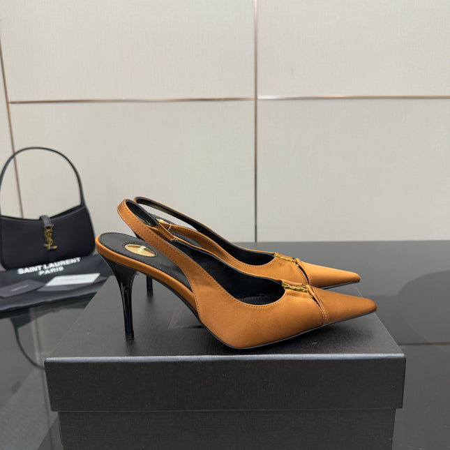 YSL 25S SLINGBACK HIGH HEELS 90 MM IN DARK ORANGE SATIN WITH GOLD HARDWARE STYLE 16