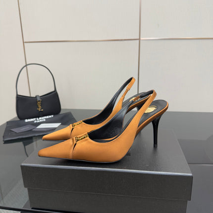 YSL 25S SLINGBACK HIGH HEELS 90 MM IN DARK ORANGE SATIN WITH GOLD HARDWARE STYLE 16