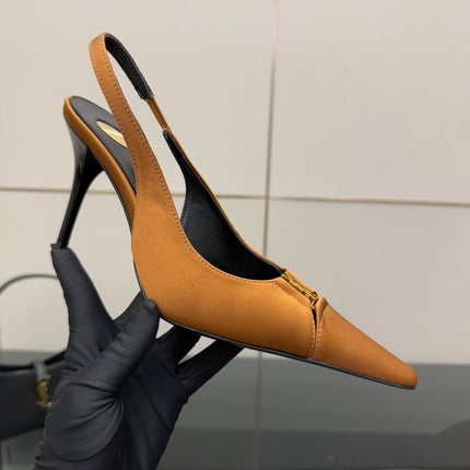 YSL 25S SLINGBACK HIGH HEELS 90 MM IN DARK ORANGE SATIN WITH GOLD HARDWARE STYLE 16