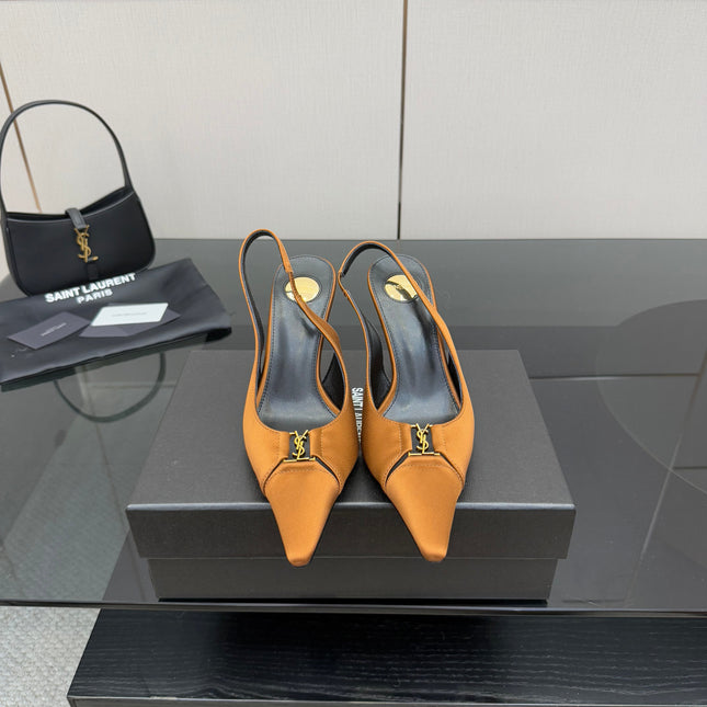 YSL 25S SLINGBACK HIGH HEELS 90 MM IN DARK ORANGE SATIN WITH GOLD HARDWARE STYLE 16