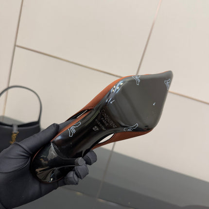 YSL 25S SLINGBACK HIGH HEELS 90 MM IN COGNAC BROWN SATIN WITH GOLD HARDWARE STYLE 15