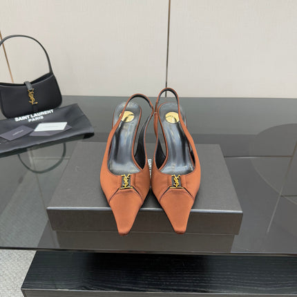 YSL 25S SLINGBACK HIGH HEELS 90 MM IN COGNAC BROWN SATIN WITH GOLD HARDWARE STYLE 15