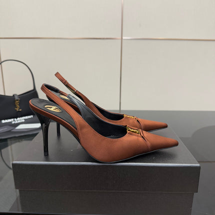 YSL 25S SLINGBACK HIGH HEELS 90 MM IN COGNAC BROWN SATIN WITH GOLD HARDWARE STYLE 15