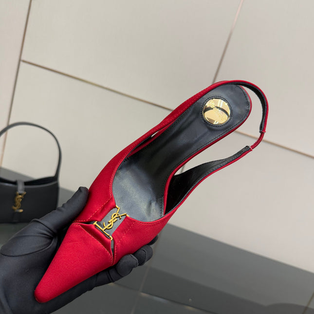 YSL 25S SLINGBACK HIGH HEELS 90 MM IN RED SATIN WITH GOLD HARDWARE STYLE 14