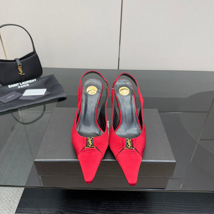 YSL 25S SLINGBACK HIGH HEELS 90 MM IN RED SATIN WITH GOLD HARDWARE STYLE 14