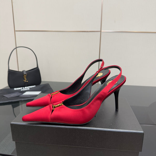 YSL 25S SLINGBACK HIGH HEELS 90 MM IN RED SATIN WITH GOLD HARDWARE STYLE 14