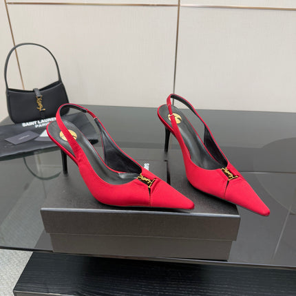 YSL 25S SLINGBACK HIGH HEELS 90 MM IN RED SATIN WITH GOLD HARDWARE STYLE 14