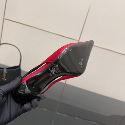 YSL 25S SLINGBACK HIGH HEELS 90 MM IN RED SATIN WITH GOLD HARDWARE STYLE 14