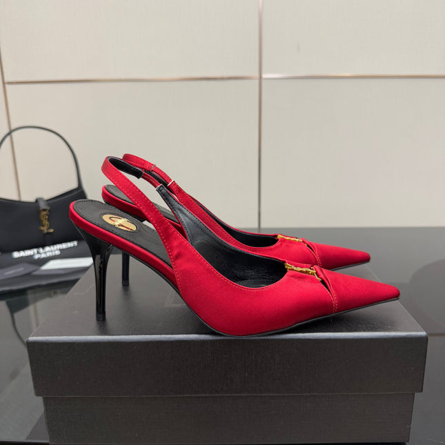 YSL 25S SLINGBACK HIGH HEELS 90 MM IN RED SATIN WITH GOLD HARDWARE STYLE 14