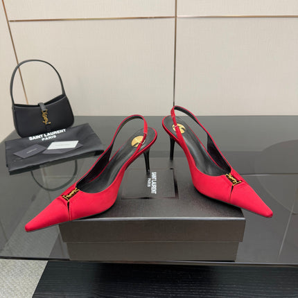 YSL 25S SLINGBACK HIGH HEELS 90 MM IN RED SATIN WITH GOLD HARDWARE STYLE 14