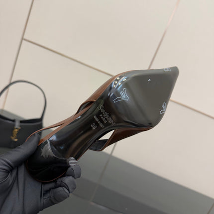 YSL 25S SLINGBACK HIGH HEELS 90 MM IN CHESTNUT BROWN LAMBSKIN WITH GOLD HARDWARE STYLE 12