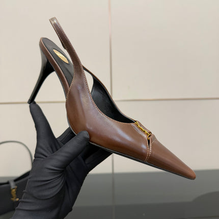 YSL 25S SLINGBACK HIGH HEELS 90 MM IN CHESTNUT BROWN LAMBSKIN WITH GOLD HARDWARE STYLE 12