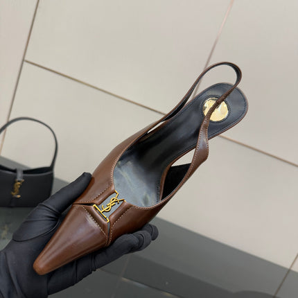 YSL 25S SLINGBACK HIGH HEELS 90 MM IN CHESTNUT BROWN LAMBSKIN WITH GOLD HARDWARE STYLE 12