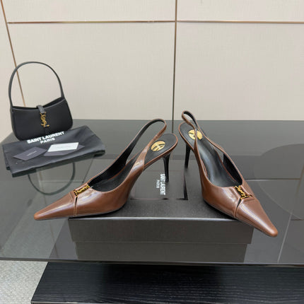 YSL 25S SLINGBACK HIGH HEELS 90 MM IN CHESTNUT BROWN LAMBSKIN WITH GOLD HARDWARE STYLE 12