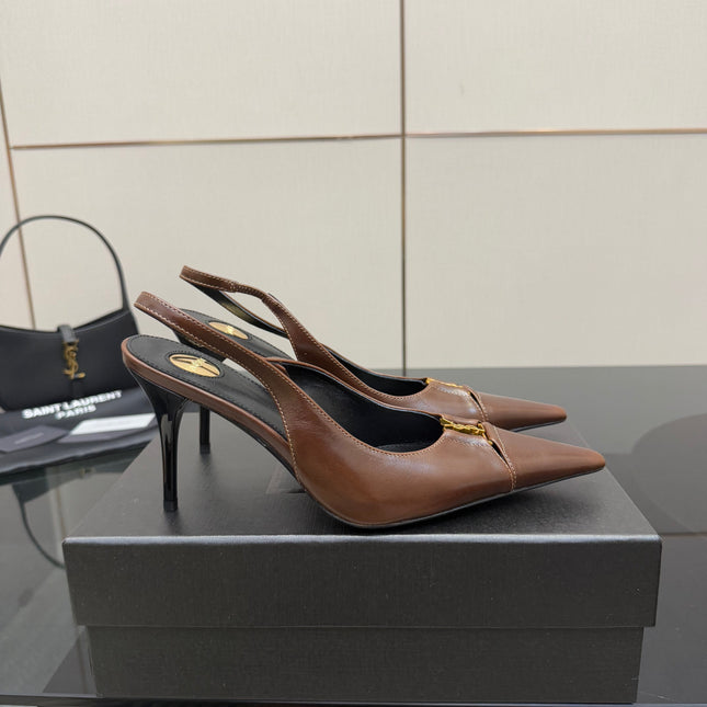 YSL 25S SLINGBACK HIGH HEELS 90 MM IN CHESTNUT BROWN LAMBSKIN WITH GOLD HARDWARE STYLE 12