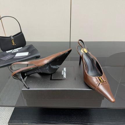 YSL 25S SLINGBACK HIGH HEELS 90 MM IN CHESTNUT BROWN LAMBSKIN WITH GOLD HARDWARE STYLE 12